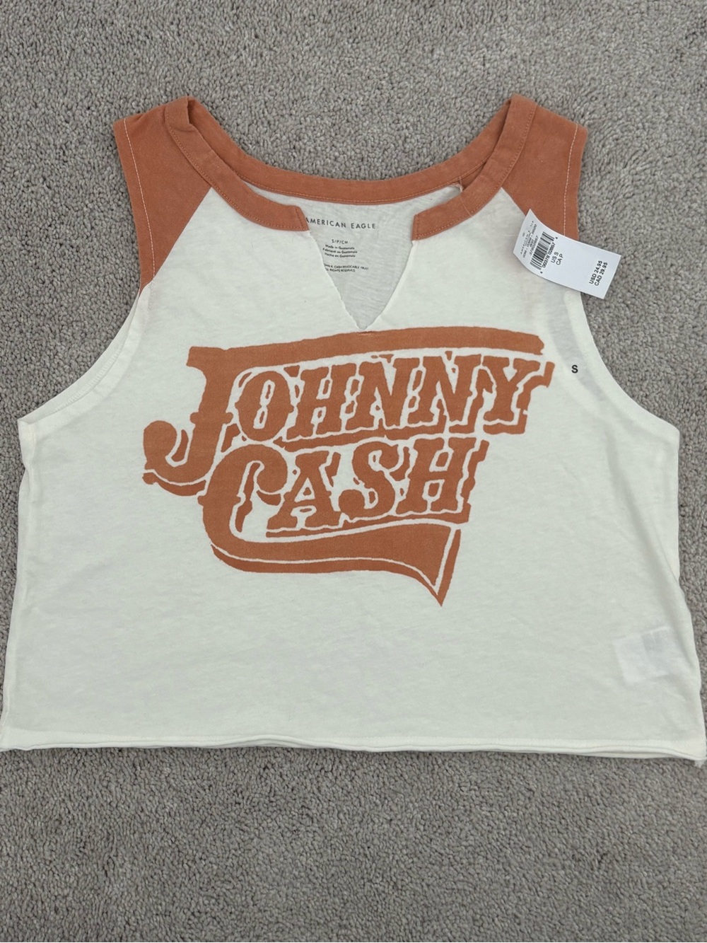 NWT American Eagle Johnny Cash Graphic Crop Tank - Cream & Rust Size Small